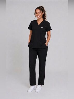 Figs Scrub Set Black Straight Leg Pants and Three-Pocket Top Size L
